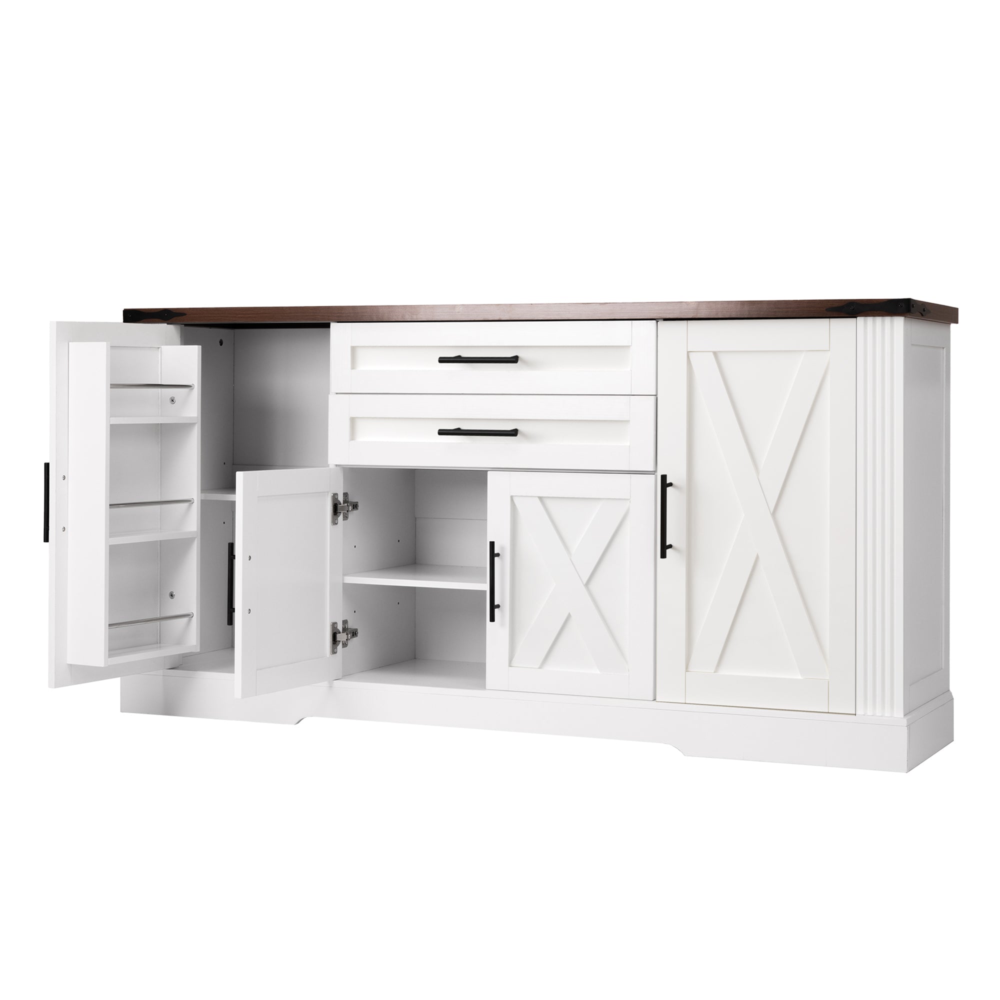 White Farmhouse Barn Door Storage Cabinet with 2 Drawers & Door Rack, Adjustable Shelves, MDF Construction, 63.11' L x 15.75' W x 32.09' H - Grand Goldman Shop