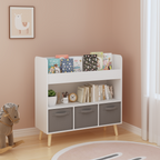 Kids Bookshelf with 3 Fabric Bins, Modern Children's Bookcase with Storage for Toys and Books, Toddler Book Organizer Shelf f