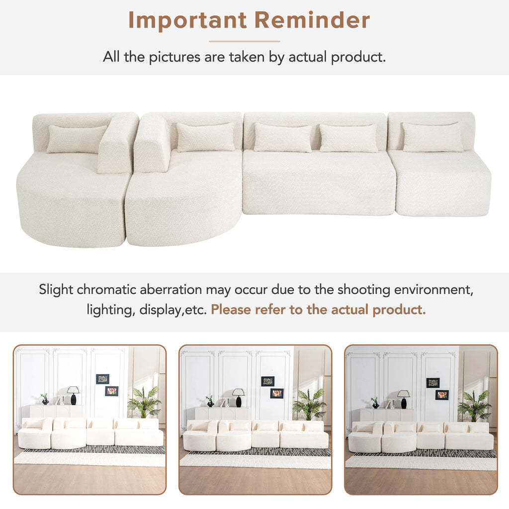 Modern Upholstered L-Shape Sofa with Chaise Lounge and Back Pillows, Beige Boucle Fabric, 144 inches - Grand Goldman Shop