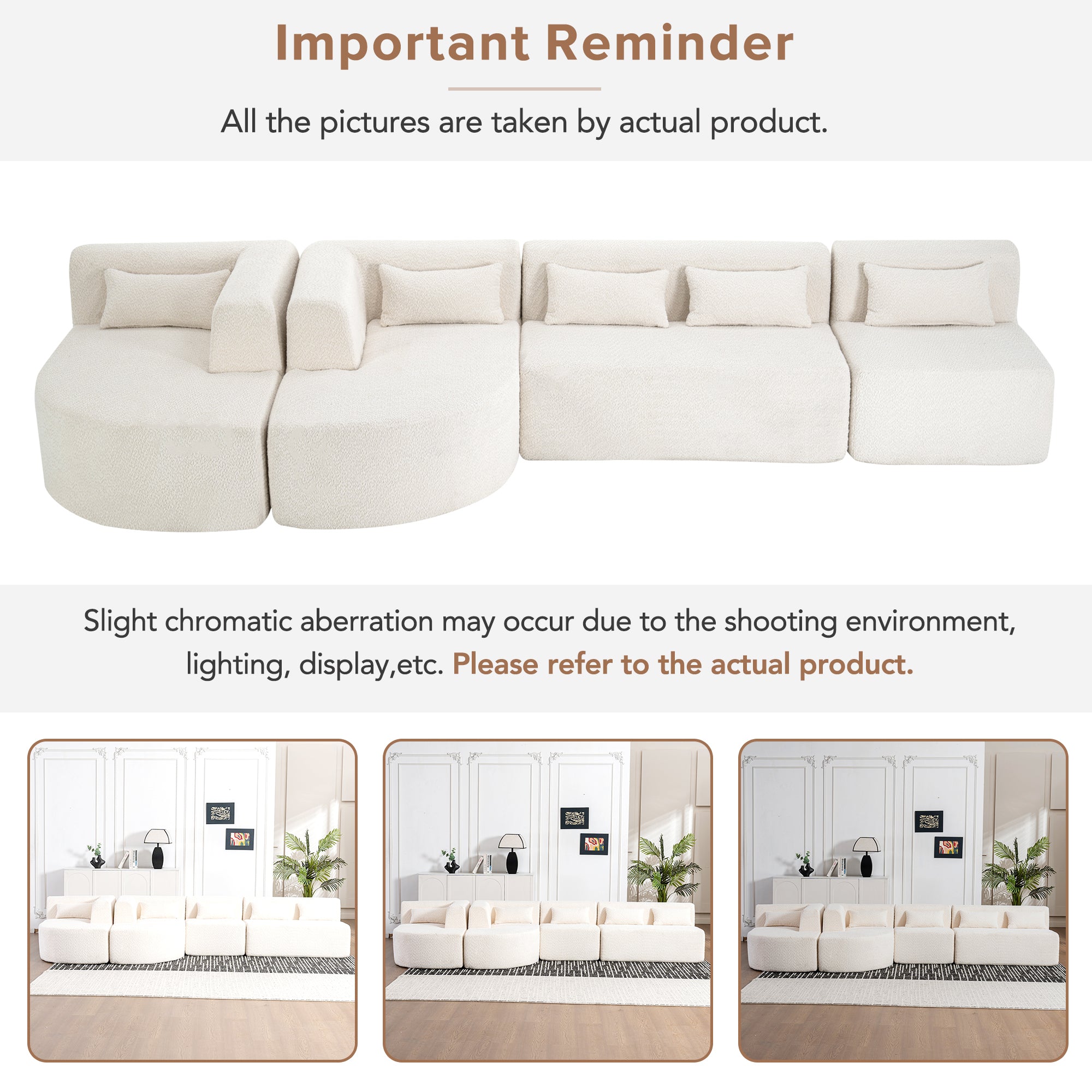 Modern Upholstered L-Shape Sofa with Chaise Lounge and Back Pillows, Beige Boucle Fabric, 144 inches - Grand Goldman Shop