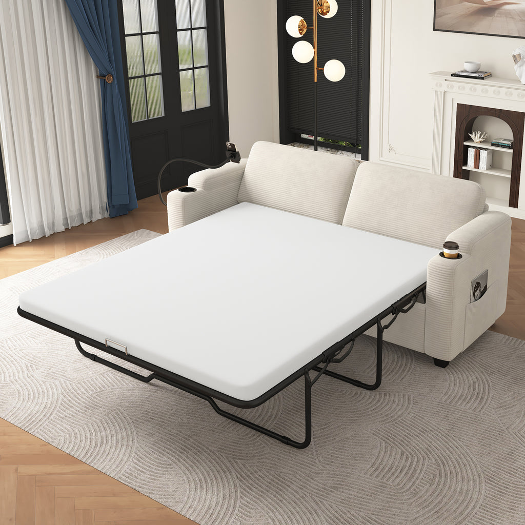 Beige Corduroy Sleeper Sofa Loveseat with Full Size Mattress, USB Ports, Cup Holders, Side Pockets, Phone Holder - Grand Goldman Shop