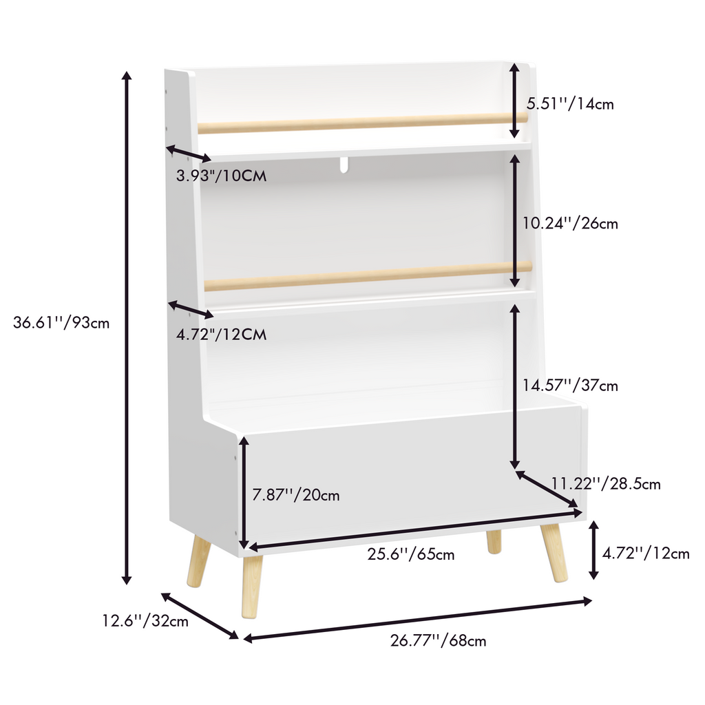 Kids Bookshelf White MDF and Pine Legs Book Organizer with Toy Storage, 26.77 x 12.60 x 36.61 inches | Premium Home Decor - G