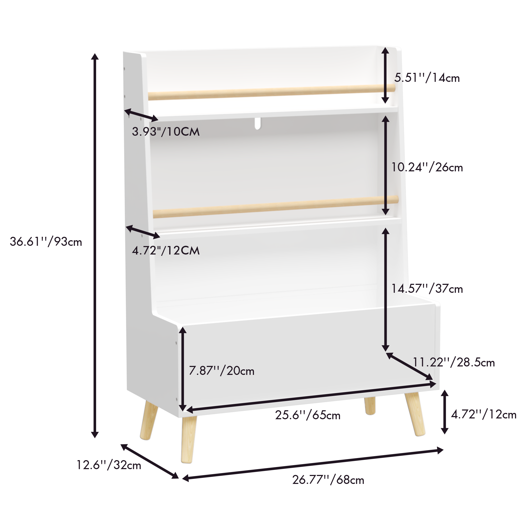 Kids Bookshelf White MDF and Pine Legs Book Organizer with Toy Storage, 26.77 x 12.60 x 36.61 inches | Premium Home Decor - G