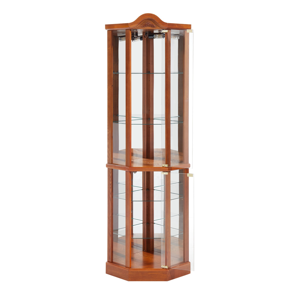 Glass Cabinet Lighted Corner Cabinet Corner Display Curio Cabinet, Glass Display With Light(Included)Bar Cabinet,Wine Cabinet with Adjustable Glass Shelves Carved Decoration OAK Light(Included) - Grand Goldman Shop