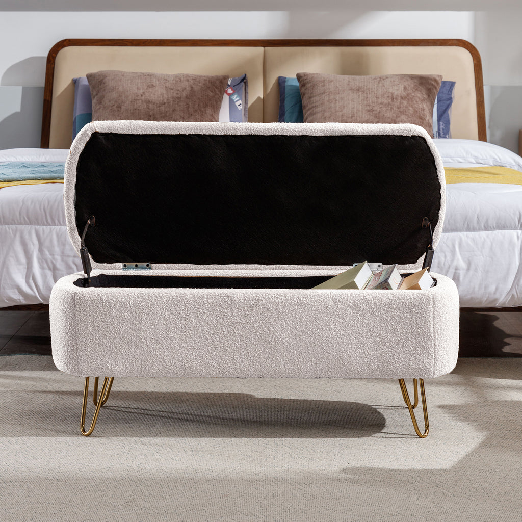 Ivory White Storage Ottoman Bench for End of Bed Gold Legs, Modern Ivory White Faux Fur Entryway Bench Upholstered Padded with Storage for Living Room Bedroom - Grand Goldman Shop