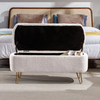 Ivory White Storage Ottoman Bench for End of Bed Gold Legs, Modern Ivory White Faux Fur Entryway Bench Upholstered Padded with Storage for Living Room Bedroom - Grand Goldman Shop