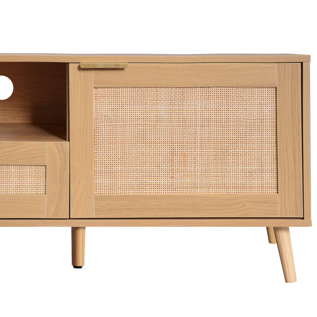 Modern Farmhouse Rattan TV Stand for TVs up to 85'', Solid Wood Legs, Media Console with MDF Board, Living Room Entertainment Center in Wood Finish - Grand Goldman Shop
