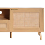 Modern Farmhouse Rattan TV Stand for TVs up to 85'', Solid Wood Legs, Media Console with MDF Board, Living Room Entertainment Center in Wood Finish - Grand Goldman Shop