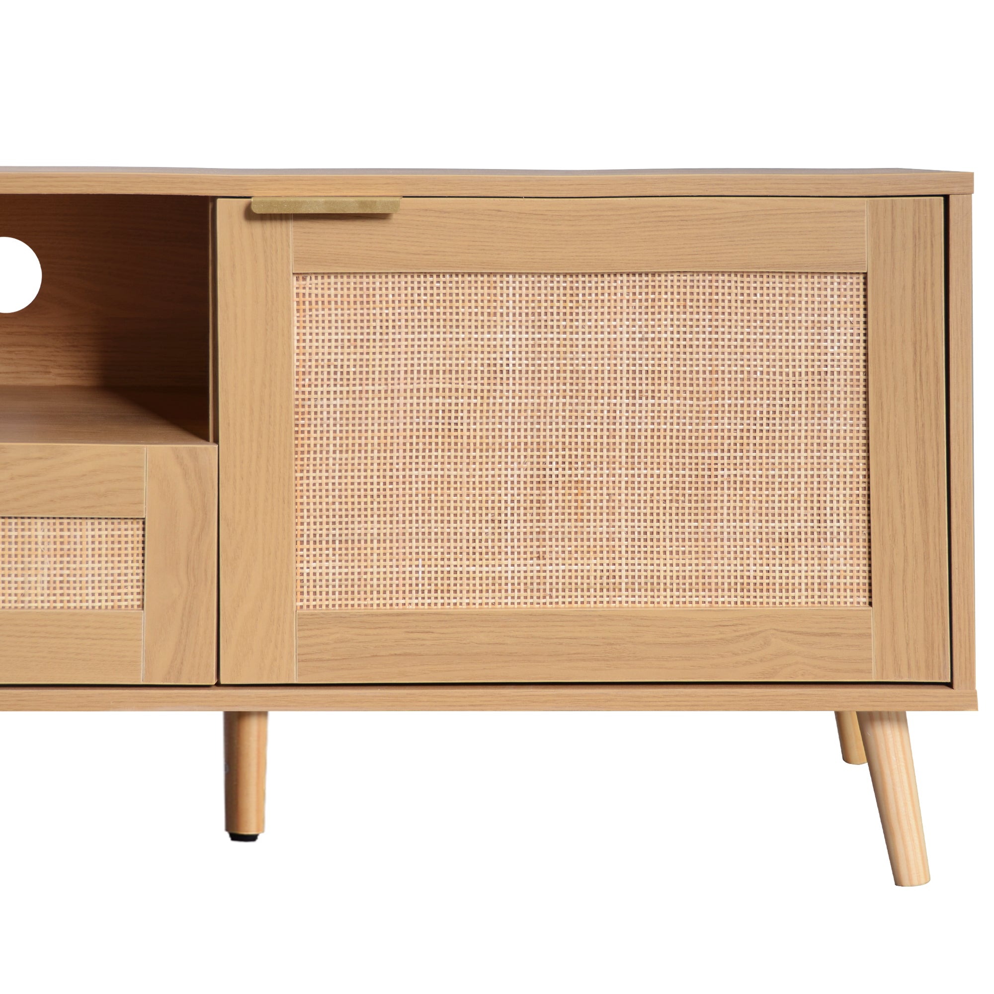 Modern Farmhouse Rattan TV Stand for TVs up to 85'', Solid Wood Legs, Media Console with MDF Board, Living Room Entertainment Center in Wood Finish - Grand Goldman Shop