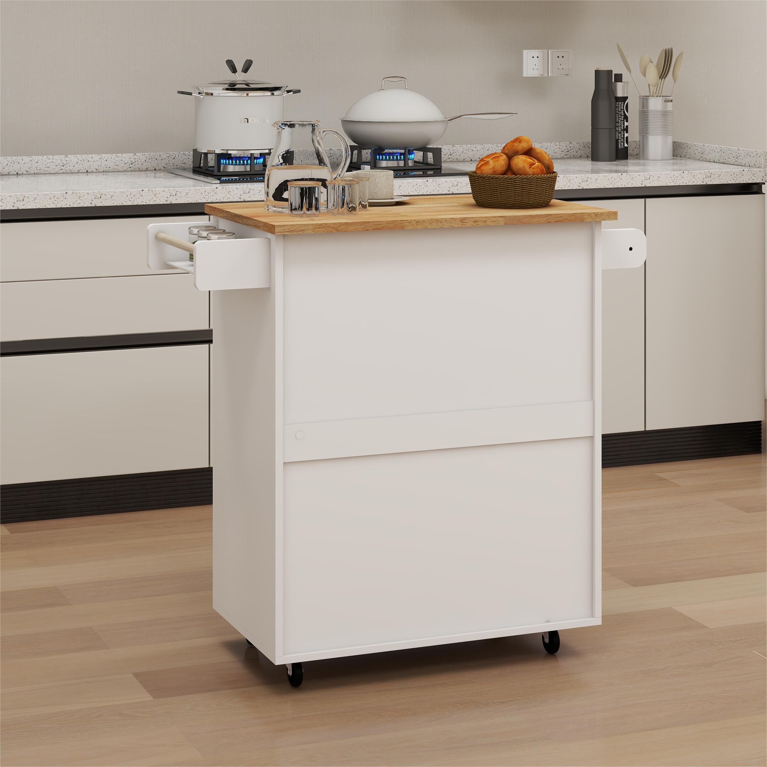 Kitchen island rolling trolley cart with Adjustable Shelves & towel rack & seasoning rack rubber wood table top-White - Grand Goldman Shop
