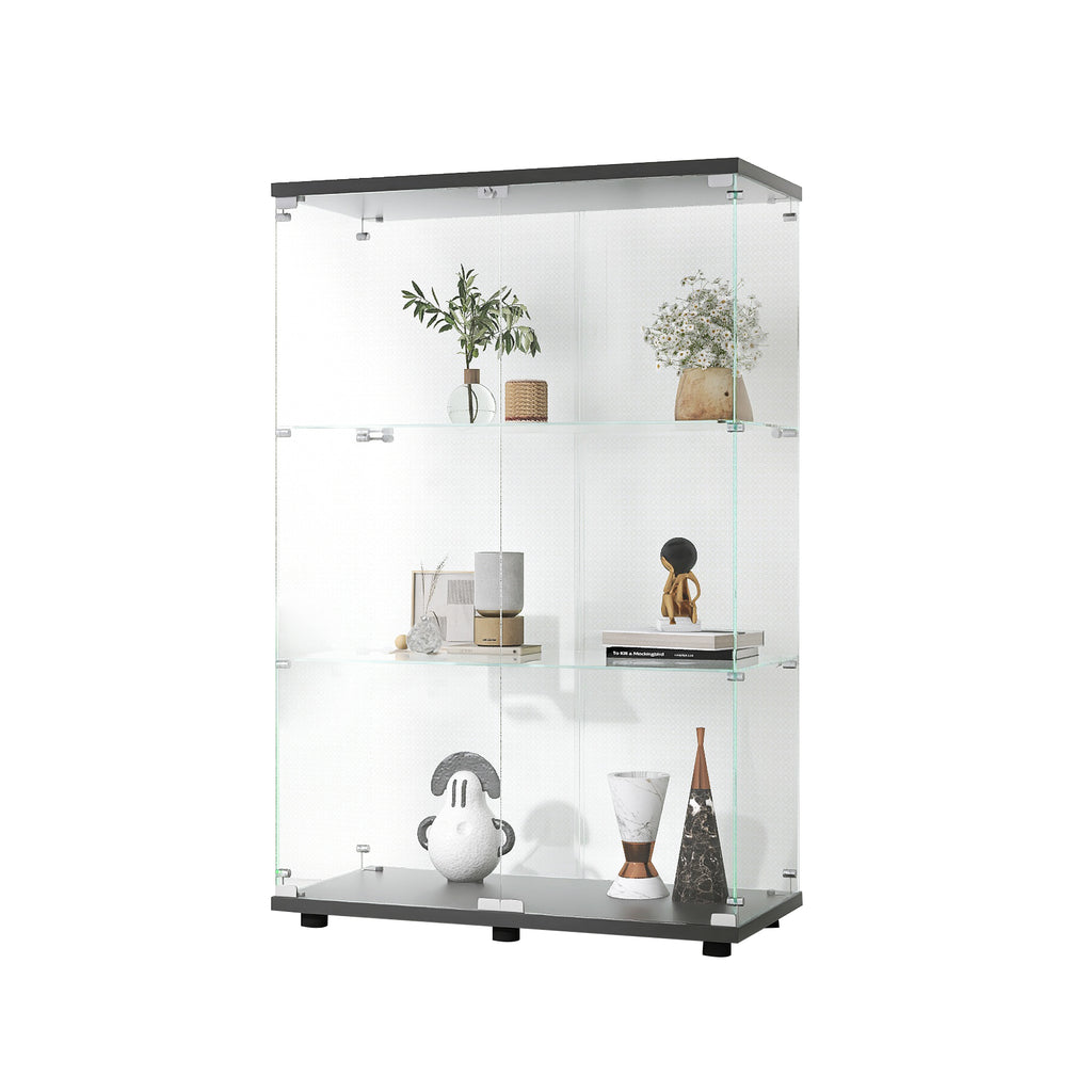 Two-door Glass Display Cabinet 3 Shelves with Door, Floor Standing Curio Bookshelf for Living Room Bedroom Office, 49.3'*31.7