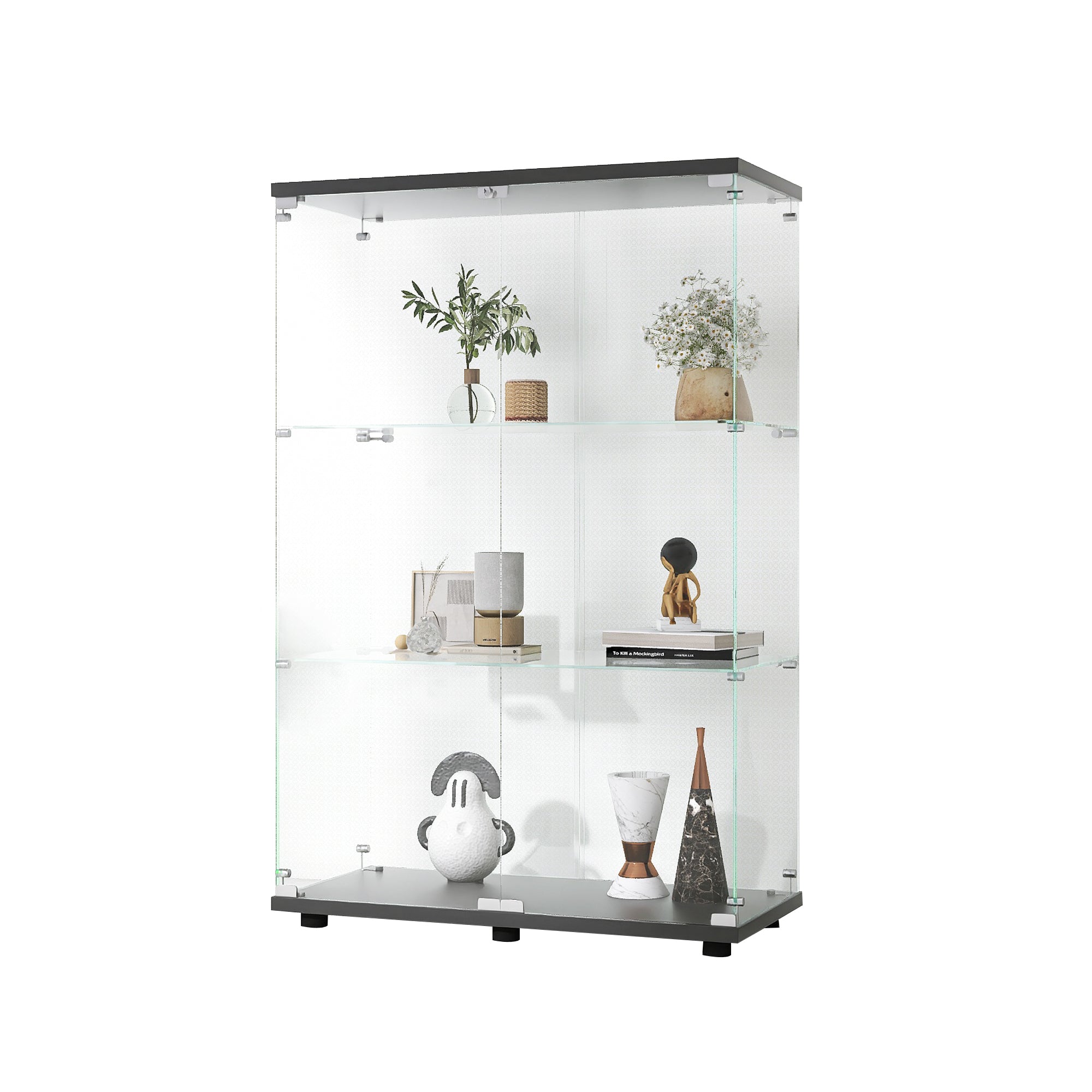 Two-door Glass Display Cabinet 3 Shelves with Door, Floor Standing Curio Bookshelf for Living Room Bedroom Office, 49.3'*31.7