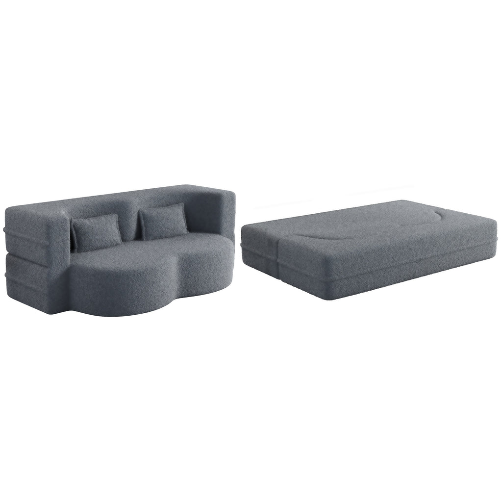 Modern Floor Sofa, with 2 Pillows, Convertible Teddy Fabric Foam Filled Bed, 15 inch Full Size Folding Mattress, Suitable for Living Room, Guest room, Game Room, Grey - Grand Goldman Shop