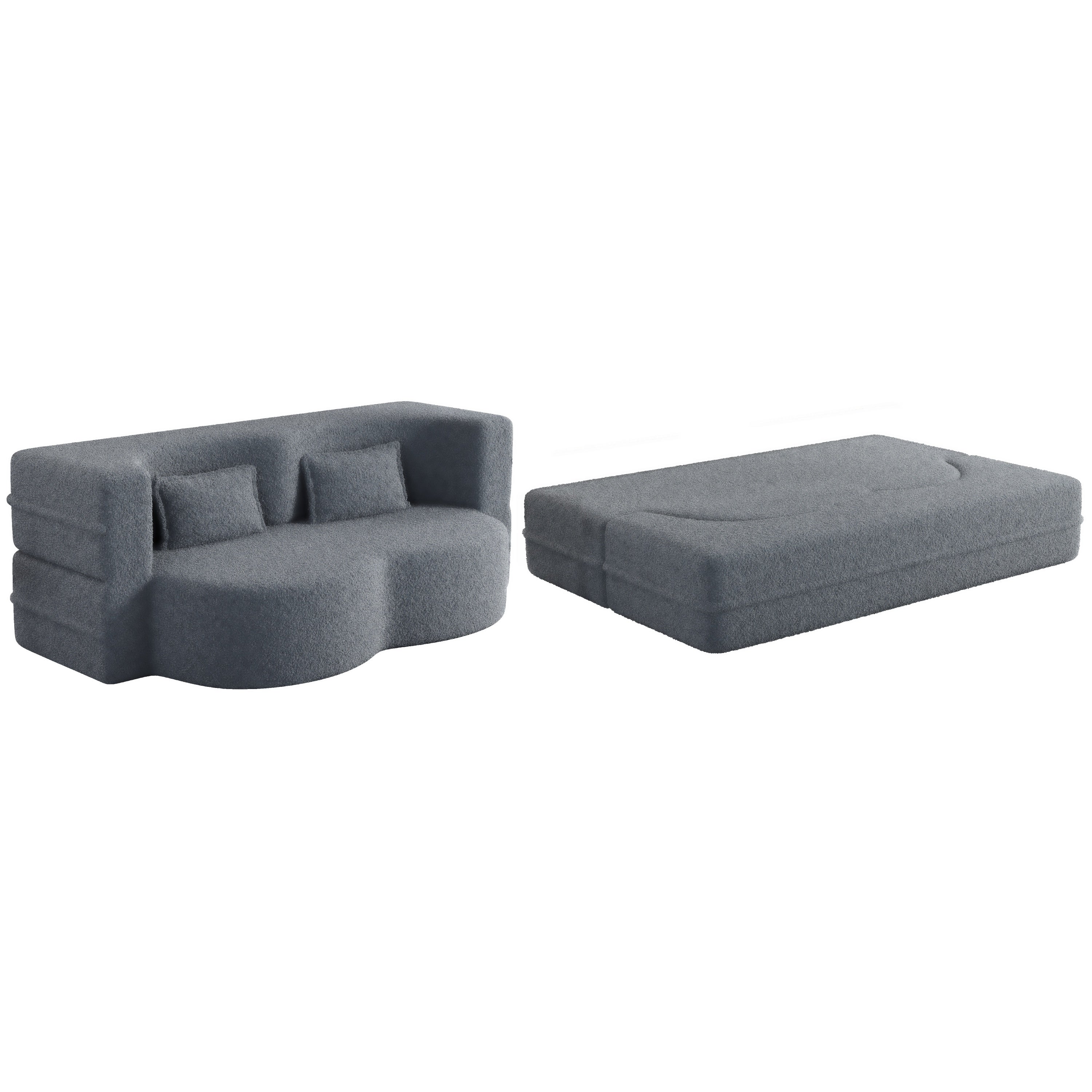 Modern Floor Sofa, with 2 Pillows, Convertible Teddy Fabric Foam Filled Bed, 15 inch Full Size Folding Mattress, Suitable for Living Room, Guest room, Game Room, Grey - Grand Goldman Shop