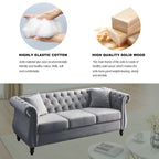 Grey Velvet 3-Seater Chesterfield Sofa with Rolled Arms and Nailhead Trim, Tufted Couch for Living Room, Bedroom, Office, Apartment, Includes Two Pillows - Grand Goldman Shop