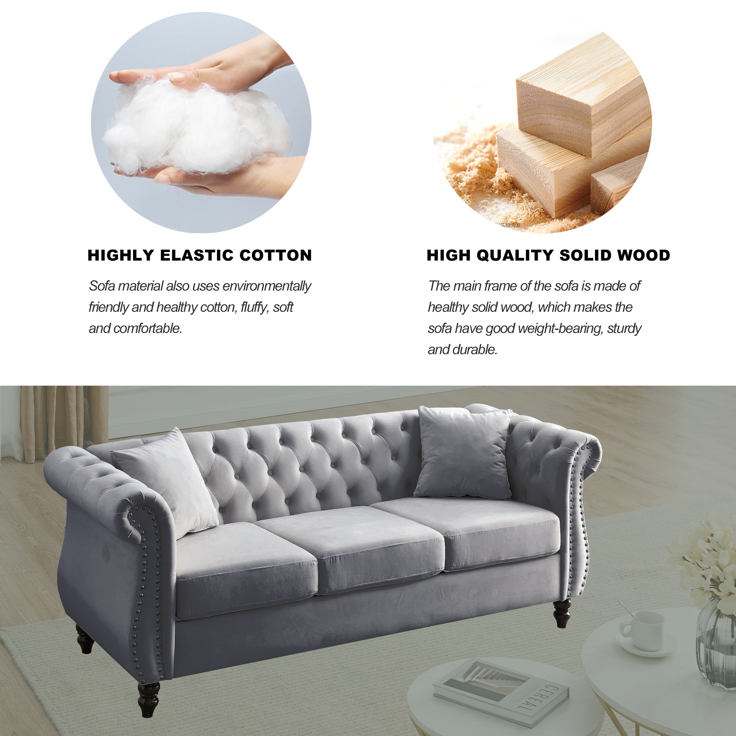 Grey Velvet 3-Seater Chesterfield Sofa with Rolled Arms and Nailhead Trim, Tufted Couch for Living Room, Bedroom, Office, Apartment, Includes Two Pillows - Grand Goldman Shop