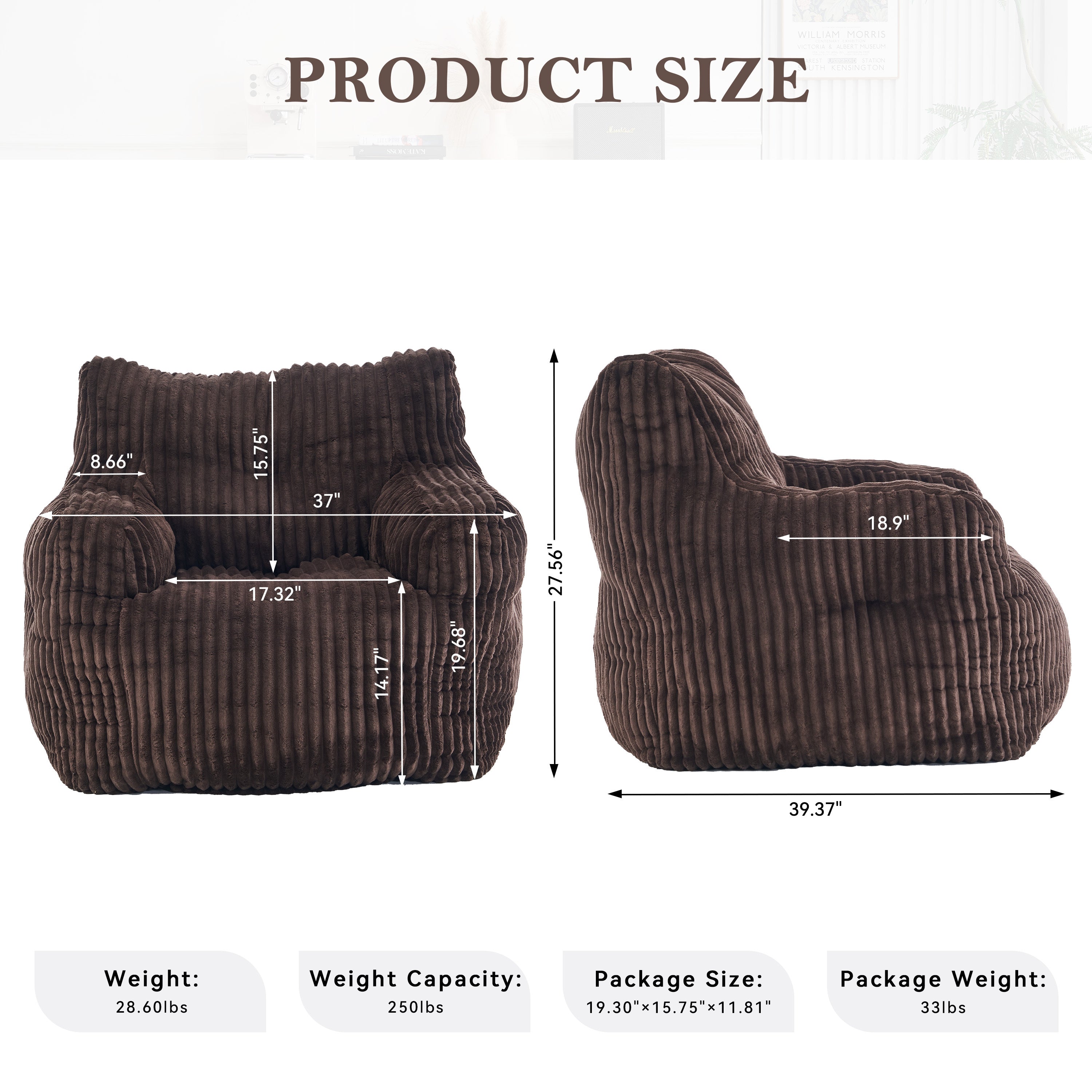 010-Soft Fluffy Corduroy Fabric Bean Bag Chair Filled With Memory Sponge,Brown - Grand Goldman Shop