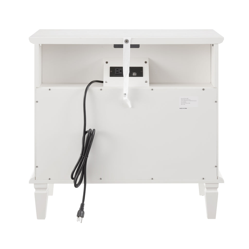 Open Space and 2 Drawers Dresser Nightstand with Charging Station, Farmhouse End Table with USB Ports and Outlets, Fluted Pilasters Design Side Table with Solid Wood Legs for Bedroom - Grand Goldman Shop
