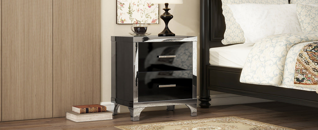 Elegant High Gloss Nightstand with Metal Handle,Mirrored Bedside Table with 2 Drawers for Bedroom,Living Room,Black - Grand Goldman Shop