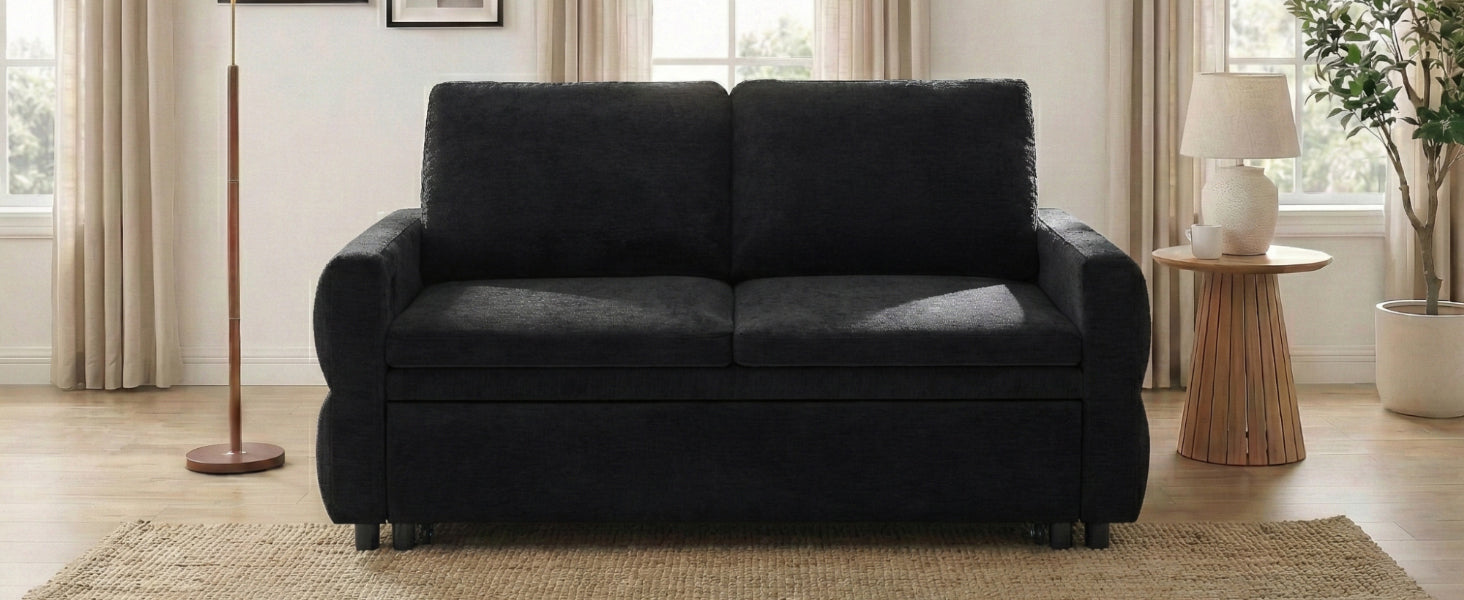 Black Convertible Sofa Bed Loveseat with Adjustable Backrest and USB Ports, 62.75' Chenille Upholstered Couch for Living Room or Small Space - Grand Goldman Shop