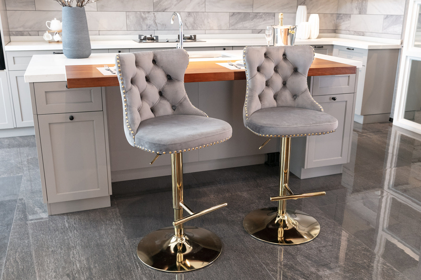 A&A Furniture,Golden Swivel Velvet Barstools Adjusatble Seat Height from 25-33 Inch, Modern Upholstered Bar Stools with Backs Comfortable Tufted for Home Pub and Kitchen Island（Gray,Set of 2） - Grand Goldman Shop