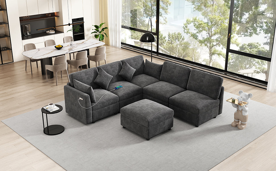 Stylish Modular U-Shaped Sectional Sofa with USB Ports, Black Chenille, 86.6' - Grand Goldman Shop