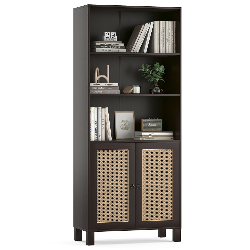 Tall Bookcase with Rattan Doors,5 Tier Storage Wood Shelves Large Bookshelf for Library Living Room Bedroom Home Office,Walnu