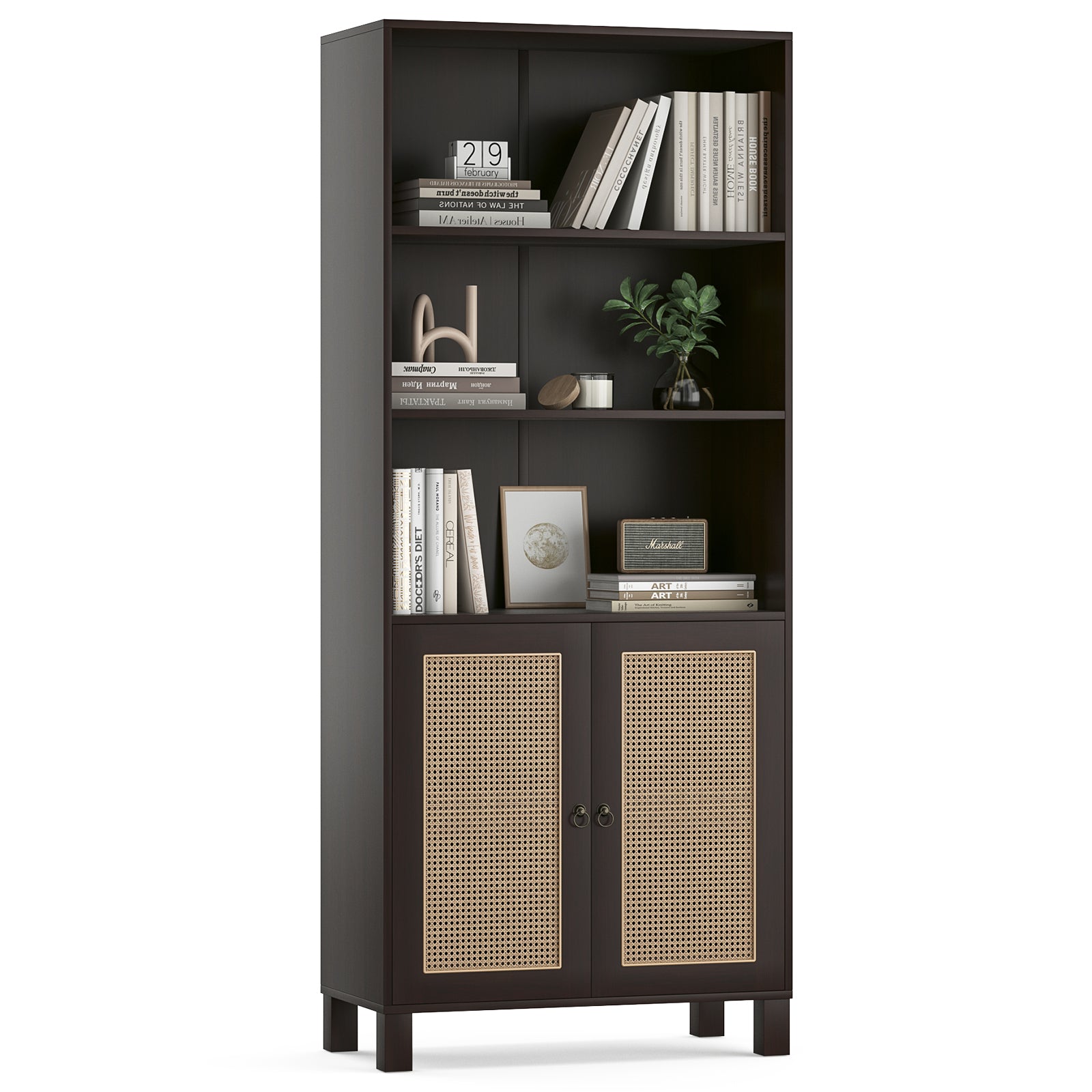 Tall Bookcase with Rattan Doors,5 Tier Storage Wood Shelves Large Bookshelf for Library Living Room Bedroom Home Office,Walnu