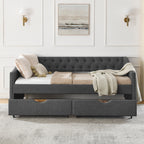 Twin Size Daybed with Drawers Upholstered Tufted Sofa Bed in Dark Grey Linen, Button Back and Copper Nail Trimmed Waved Arms, 81.5''x41''x30.5'' - Grand Goldman Shop
