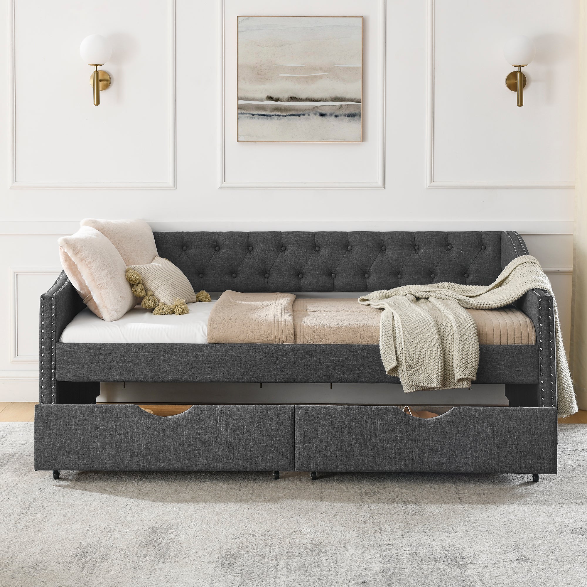 Twin Size Daybed with Drawers Upholstered Tufted Sofa Bed in Dark Grey Linen, Button Back and Copper Nail Trimmed Waved Arms, 81.5''x41''x30.5'' - Grand Goldman Shop