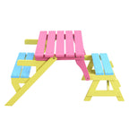 Kids Multi-Functional Arm Chair, Table + 2 Benches All-in-One Set, Blue + Pink, Wood, 40.60 x 20.10 x 18.70 inches - Grand Go