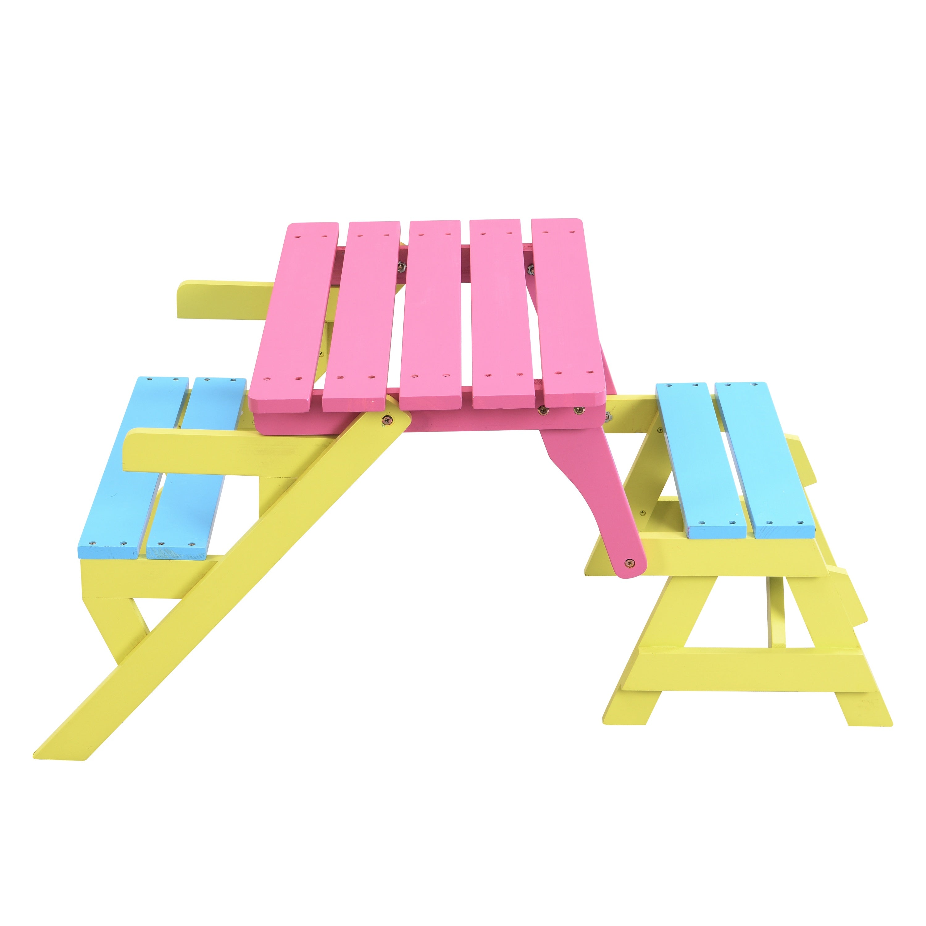 Kids Multi-Functional Arm Chair, Table + 2 Benches All-in-One Set, Blue + Pink, Wood, 40.60 x 20.10 x 18.70 inches - Grand Go