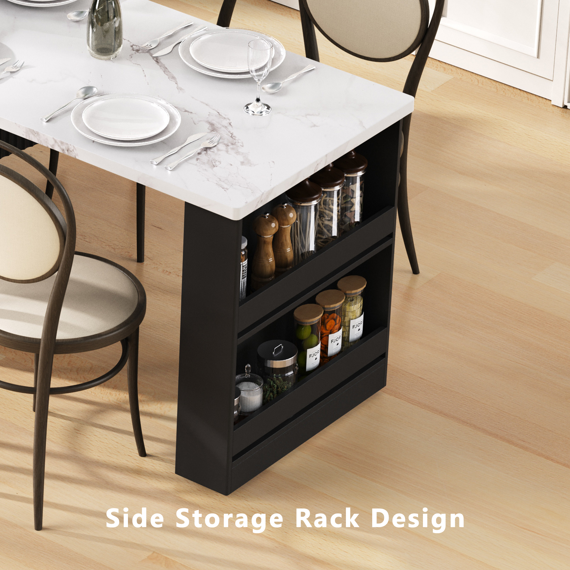 K&K 82.6' Fluted Kitchen Island with Extendable Dining Table for 4-6, Island Table for Kitchen with Power Outlet, Kitchen Table with Double-Side Storage, 2 Drawers 2 Side Open Shelves, Black - Grand Goldman Shop