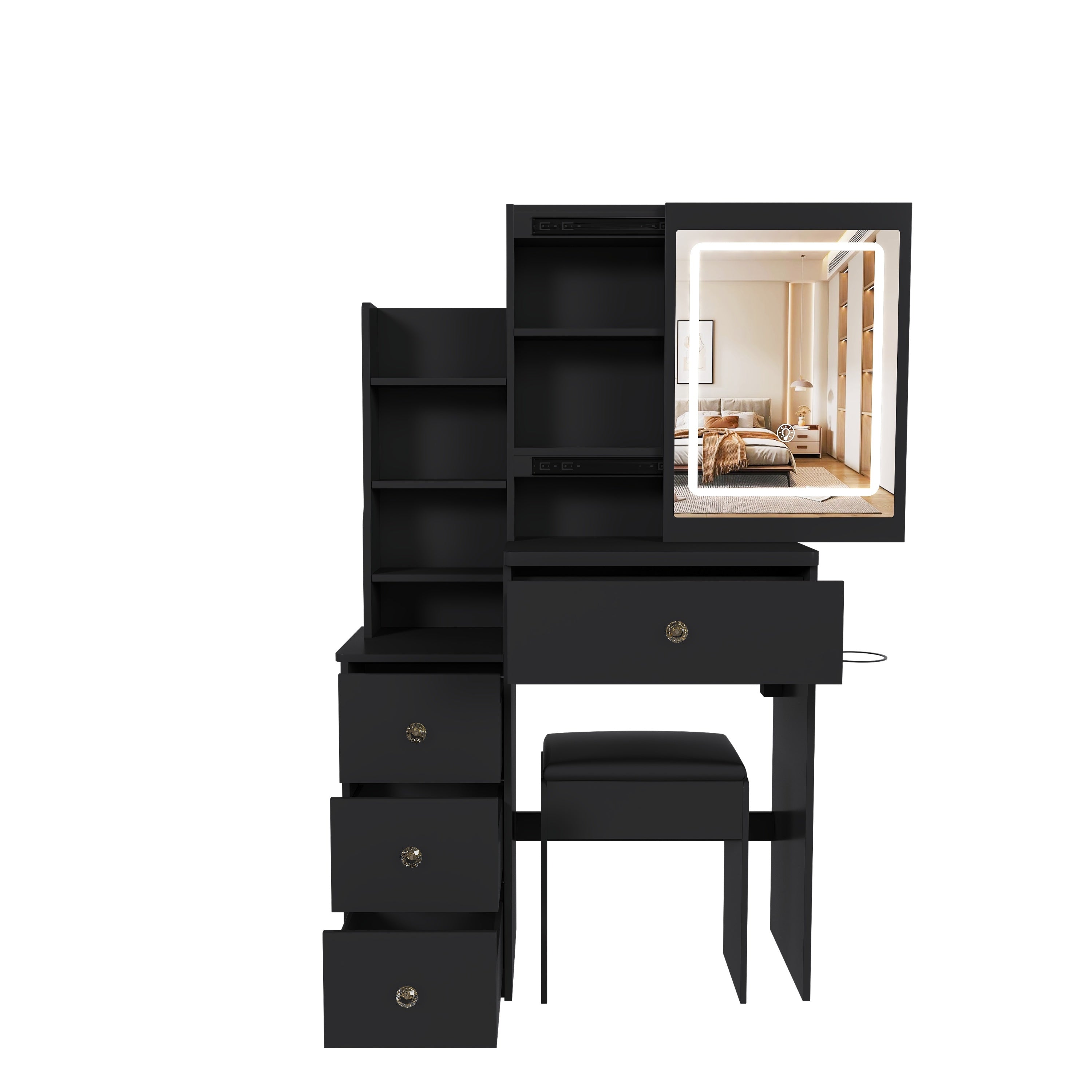 Modern Vanity Desk with 3 LED Lighting Modes, 4 Drawers, Open Shelves, Hair Dryer Holder & Power Socket, Black MDF Dressing Table Set with Chair - Grand Goldman Shop
