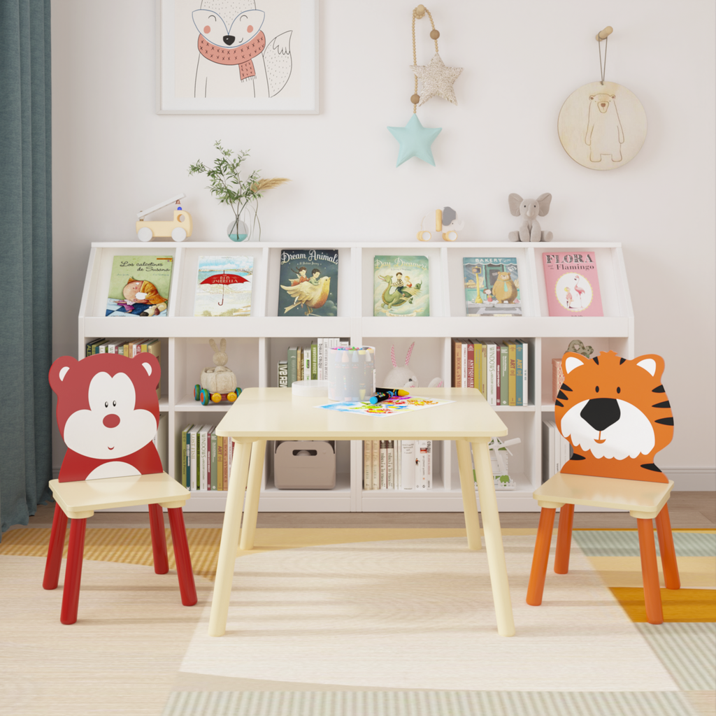 Kids Table and 2 Chairs Set, Wooden Activity Play Table Set with Bear & Tiger Design in White & Orange, Solid Wood and MDF Co
