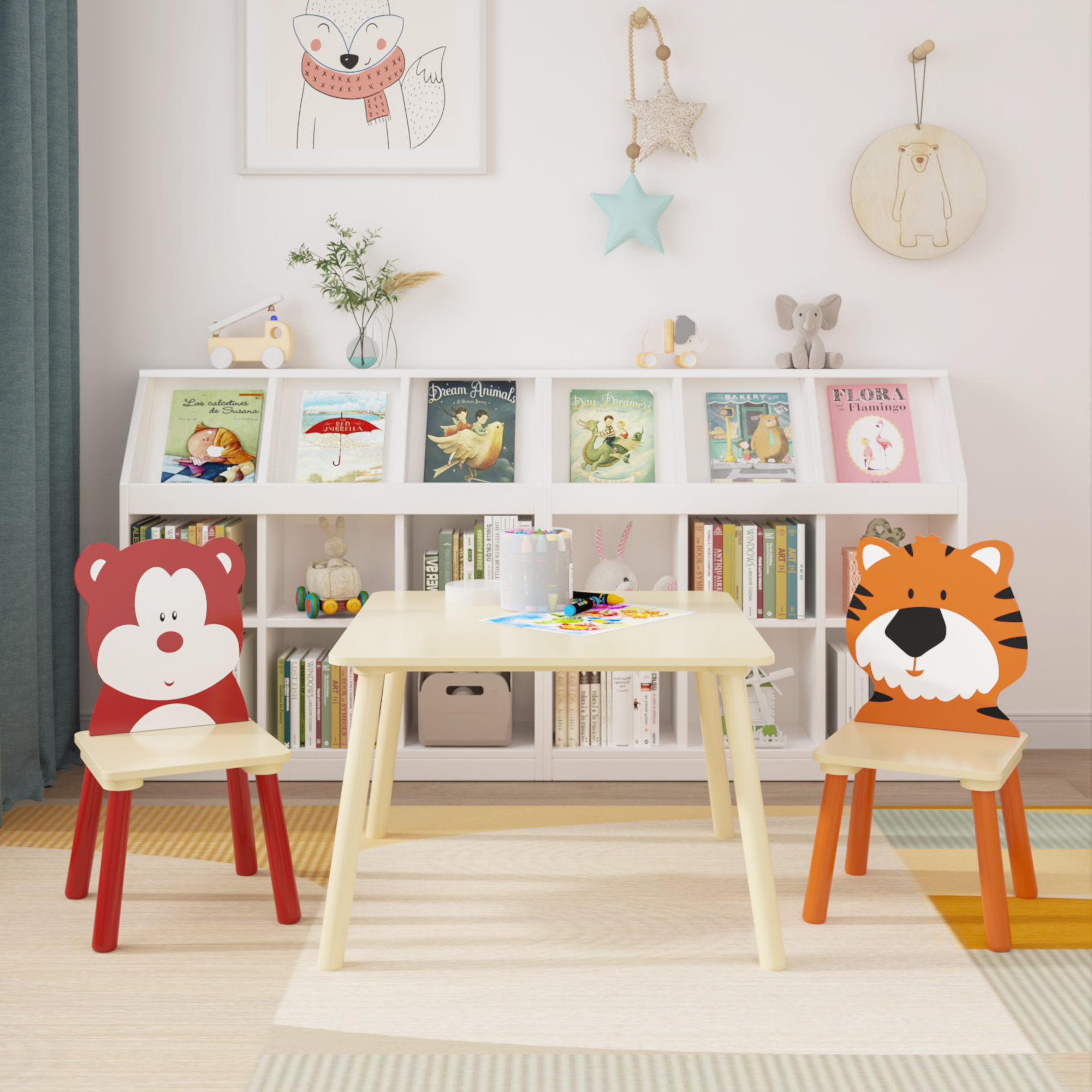 Kids Table and 2 Chairs Set, Wooden Activity Play Table Set with Bear & Tiger Design in White & Orange, Solid Wood and MDF Co