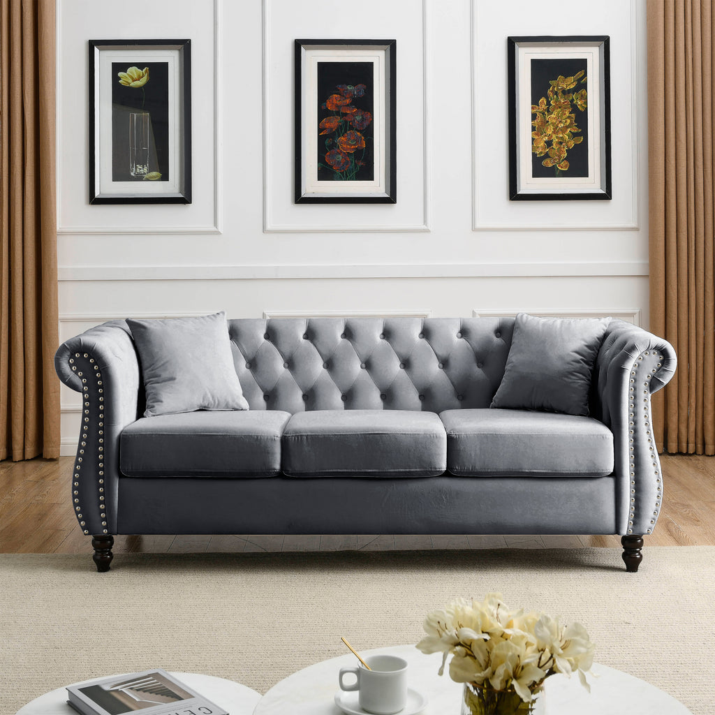 Grey Velvet 3-Seater Chesterfield Sofa with Rolled Arms and Nailhead Trim, Tufted Couch for Living Room, Bedroom, Office, Apartment, Includes Two Pillows - Grand Goldman Shop