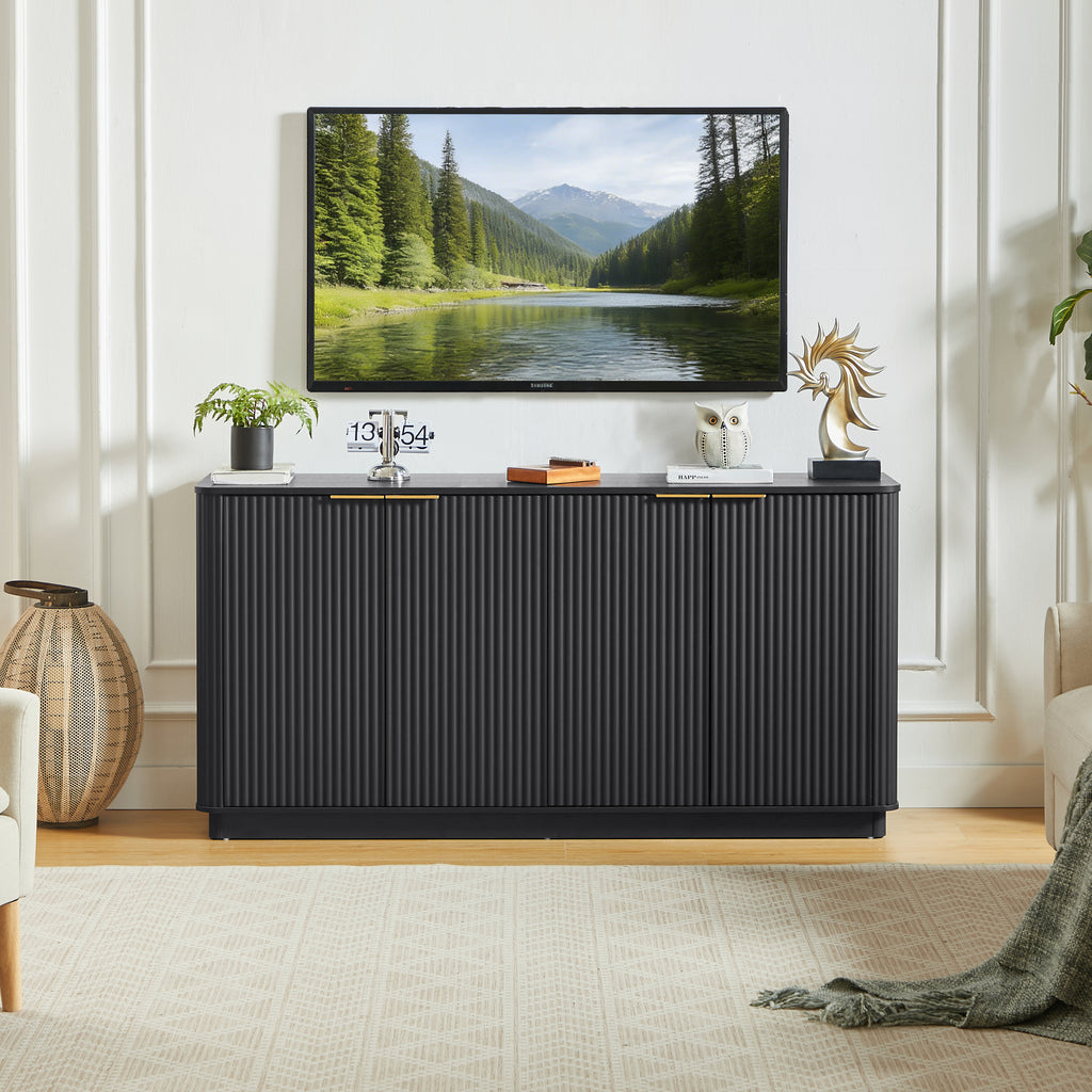 63' Vertical Stripe Buffet Cabinet Sideboard with stoarge, Curved wave Design, TV Stand, for Bedroom, Living Room, Hallway, Black,63''W x 15.75''D x 31.5''H. - Grand Goldman Shop