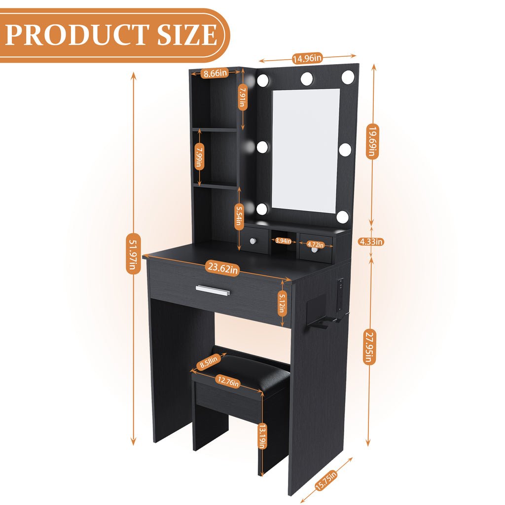 Black Vanity Table with Adjustable LED Mirror, Power Outlet, Hairdryer Holder & Matching Stool – Compact Dressing Desk for Small Bedrooms - Grand Goldman Shop