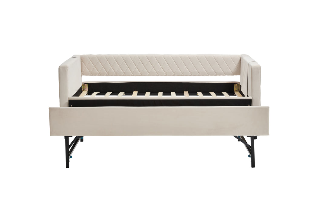 Beige velvet daybed, sturdy wooden bed frame, modern diamond grid pull-out design, perfect for bedroom, living room furniture - Grand Goldman Shop