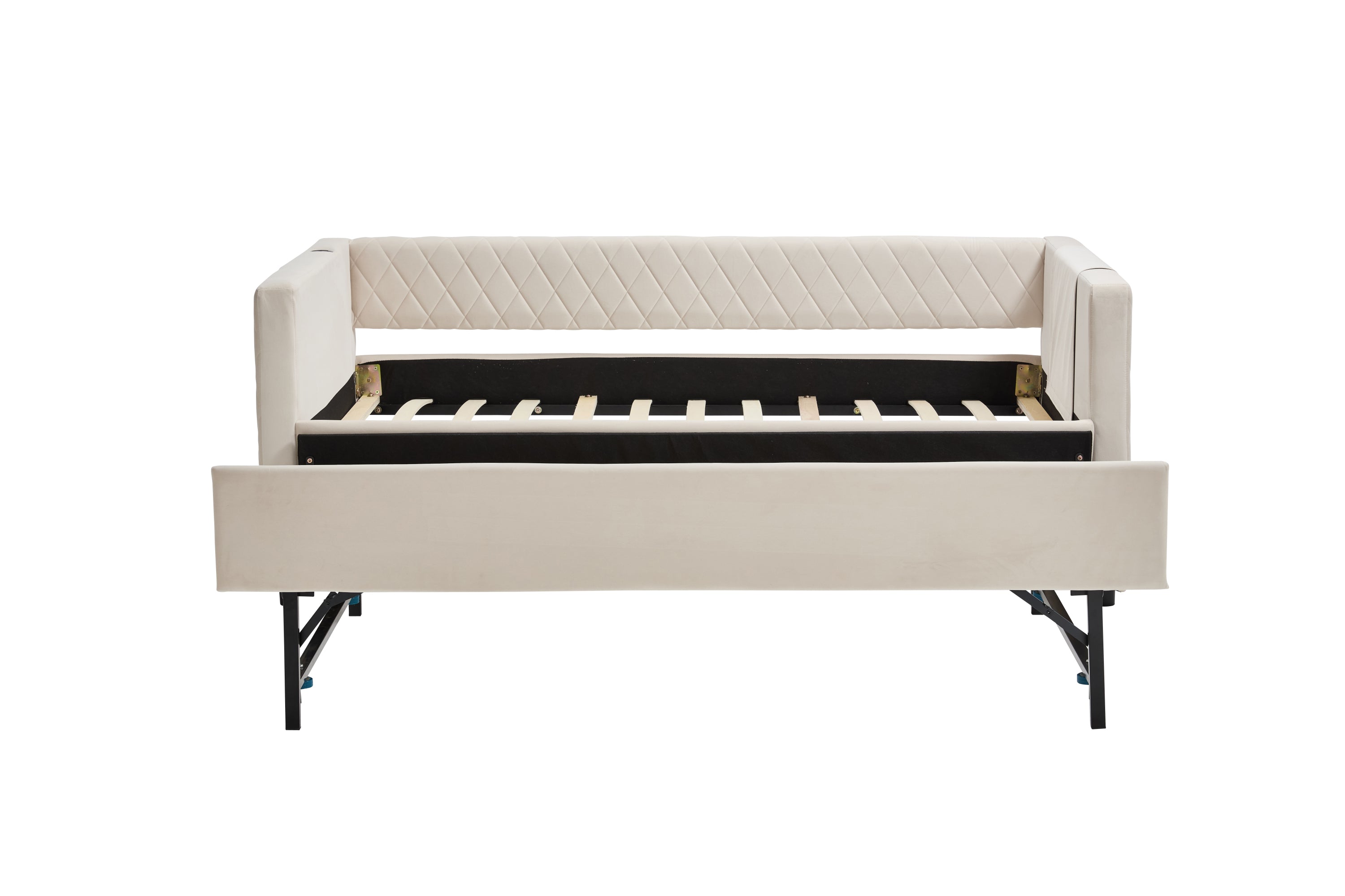 Beige velvet daybed, sturdy wooden bed frame, modern diamond grid pull-out design, perfect for bedroom, living room furniture - Grand Goldman Shop