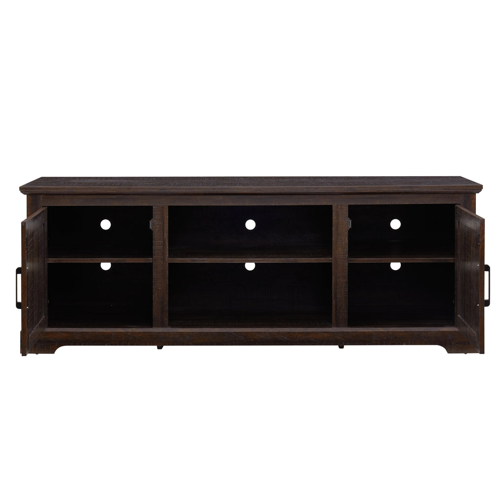 Farmhouse Rattan TV Stand Console Table for TVs up to 70 Inches, TV Console Table with 2 Storage Shelves, 2 Natural Rattan Door Cabinets, 65'W*15.55'D*23.86'H, Espresso - Grand Goldman Shop
