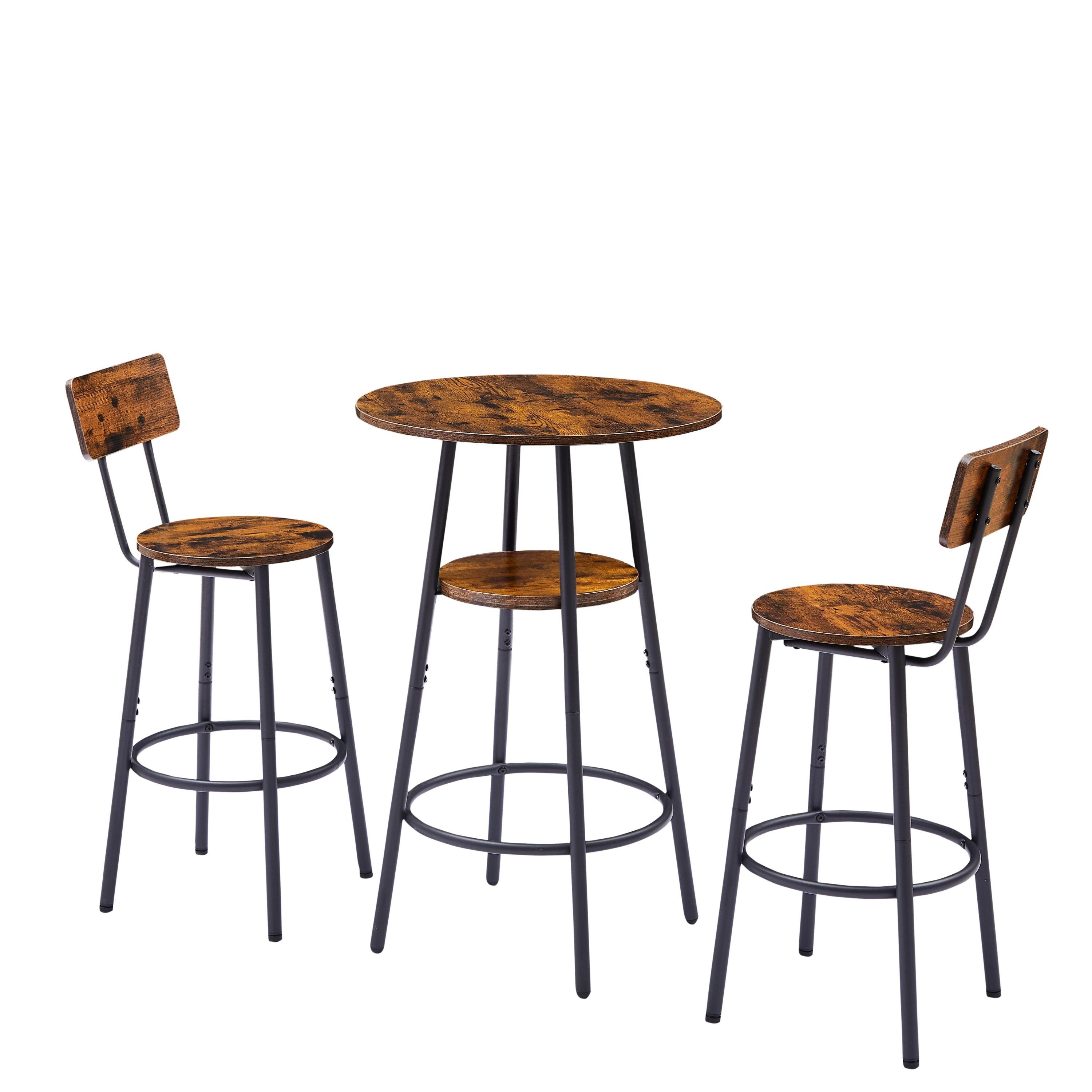 Round bar stool set with shelves, stool with backrest Rustic Brown, 23.6'' Dia x 35.4'' H - Grand Goldman Shop