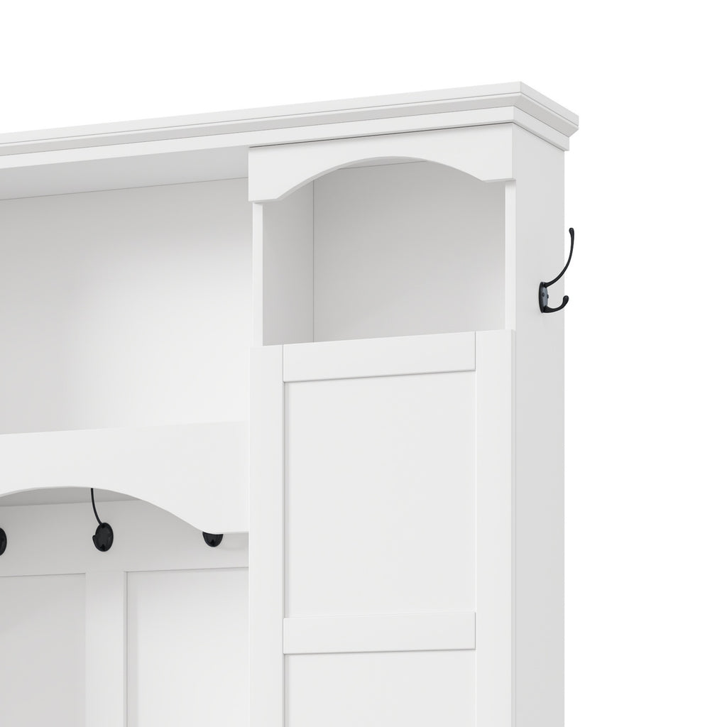 ON-TREND Modern All-in-One Hall Tree with Adjustable Shelves, Classic Arched Farmhouse Storage Bench with Dual Side Cabinets, Elegant Entryway Organizer with 7 Hooks for Mudroom, Hallway, White - Grand Goldman Shop