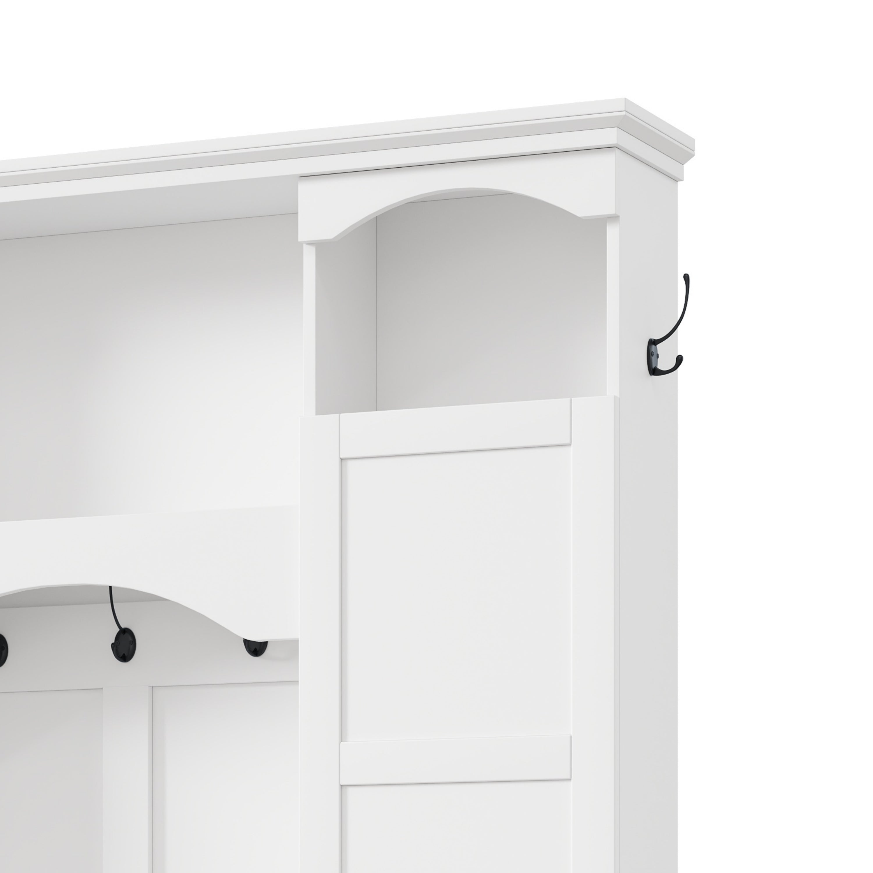 ON-TREND Modern All-in-One Hall Tree with Adjustable Shelves, Classic Arched Farmhouse Storage Bench with Dual Side Cabinets, Elegant Entryway Organizer with 7 Hooks for Mudroom, Hallway, White - Grand Goldman Shop