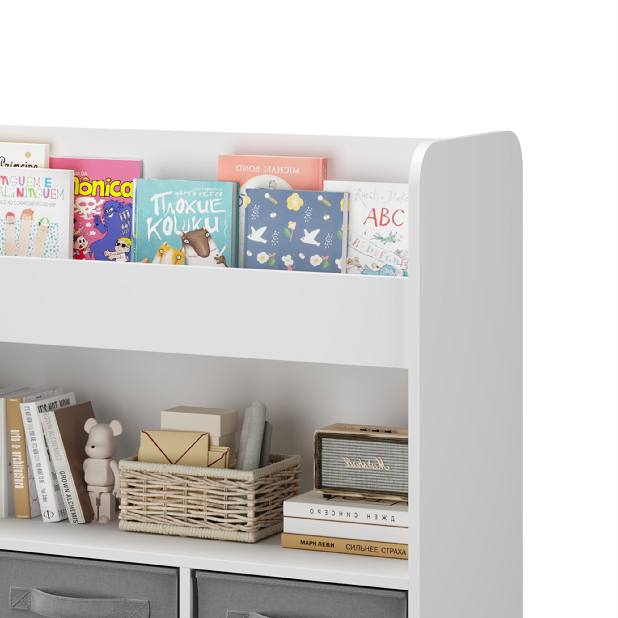 Kids Bookshelf with 3 Fabric Bins, Modern Children's Bookcase with Storage for Toys and Books, Toddler Book Organizer Shelf f
