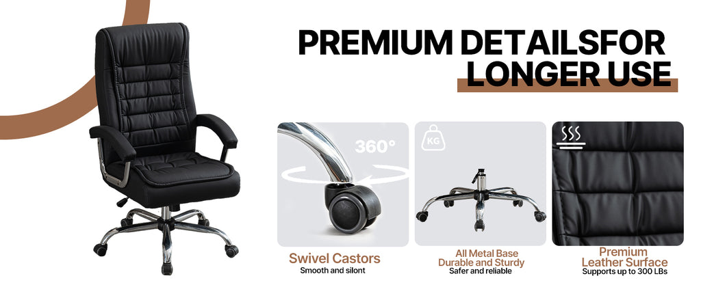 Executive Office Chair High Back PU Leather Desk Chair with Spring Seat Cushion, Ergonomic Swivel Computer Chair with Chrome 