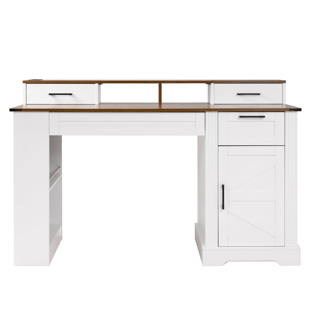 White Farmhouse Office Desk with Storage Cabinet, Charging Station, Monitor Stand & Pegboard, 55' Computer Writing Desk with 