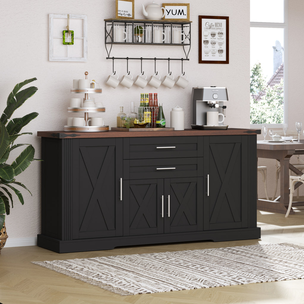 Black Farmhouse Barn Door Storage Cabinet with 2 Drawers & Door Rack, Adjustable Shelves, MDF Construction, 63.11' L x 15.75' W x 32.09' H - Grand Goldman Shop