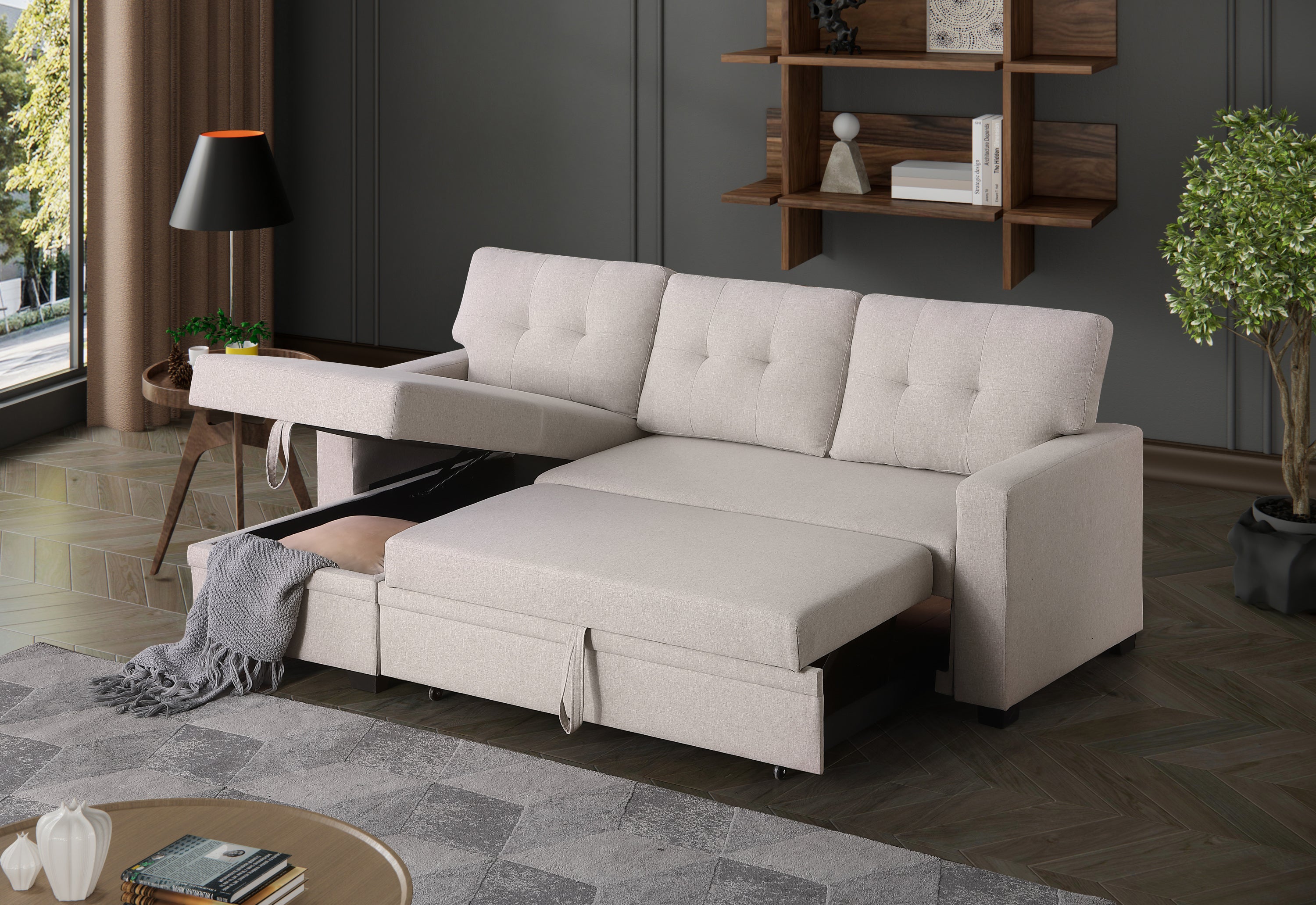 Convertible Upholstered Sectional Sofa with Pull-out Chaise - Grand Goldman Shop